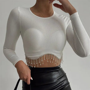 Elegant Rhinestone Tassel Cropped Top Rieworkes