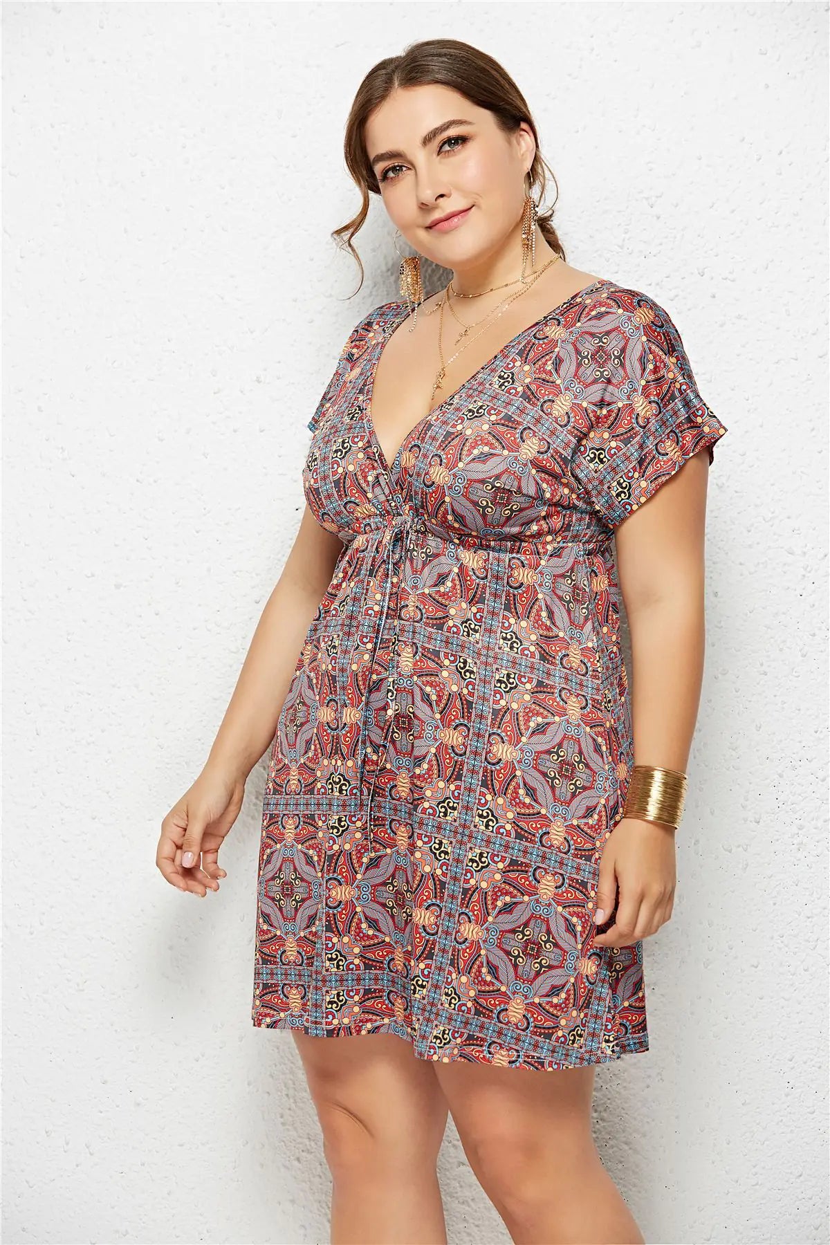 Printed Deep V-Neck Dress with Elastic Waist Mimarta