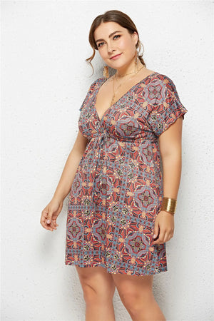 Printed Deep V-Neck Dress with Elastic Waist Mimarta