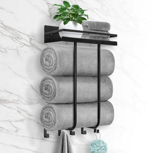 Towel Racks for Bathroom Towel Rack Wall Mounted with Metal Shelf and 5 Hooks for Small Bathroom Towel Holder for Bathroom Bath Towel Storage for Rolled Towels Organizer Black Mimarta