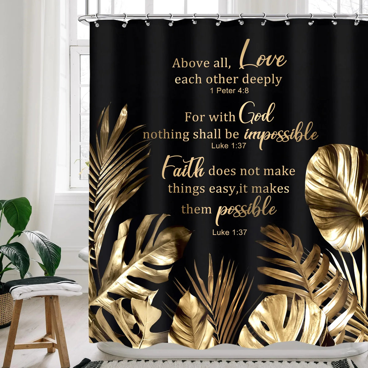 Cinbloo Black Gold Shower Curtain 72Wx72H Modern Christian Shower Curtain Tropical Shower Curtain Bible Verse Monstera Quotes Bathroom Curtain Set Palm Leaves Bathroom Decor Fabric with 12 Hooks Mimarta