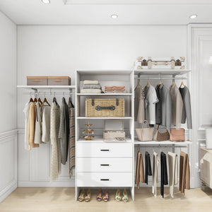 306 Closet Organizer System with Closet Shelves Wall Mounted, White Clothing Racks for Hanging Clothes, Clothes Organizer with Closet Drawers, Wooden Wardrobe Closet System with Hanging Rod Rieworkes
