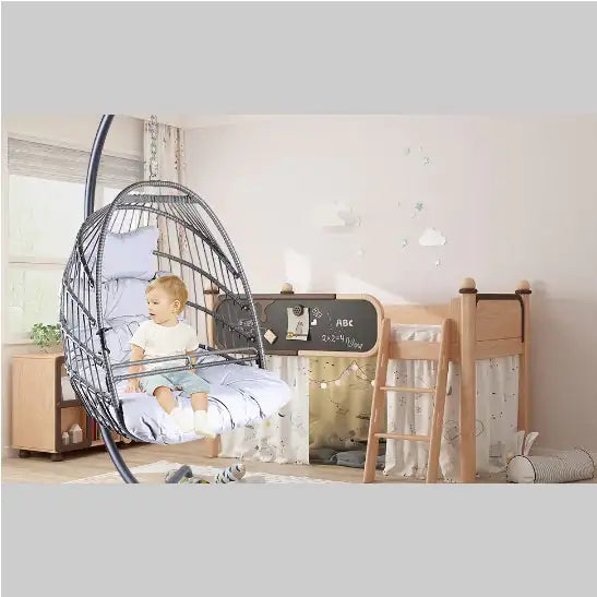 Swing Egg Chair With Stand Indoor And Outdoor Rattan Patio Basket Sling Chair With C-bracket, Patio Wicker Folding Sling Chair Rieworkes