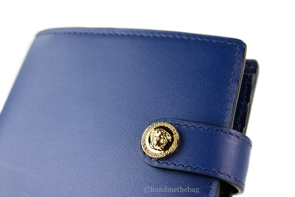 Versace Navy Blue Compact Leather Medusa Snap Bifold Wallet Mimarta