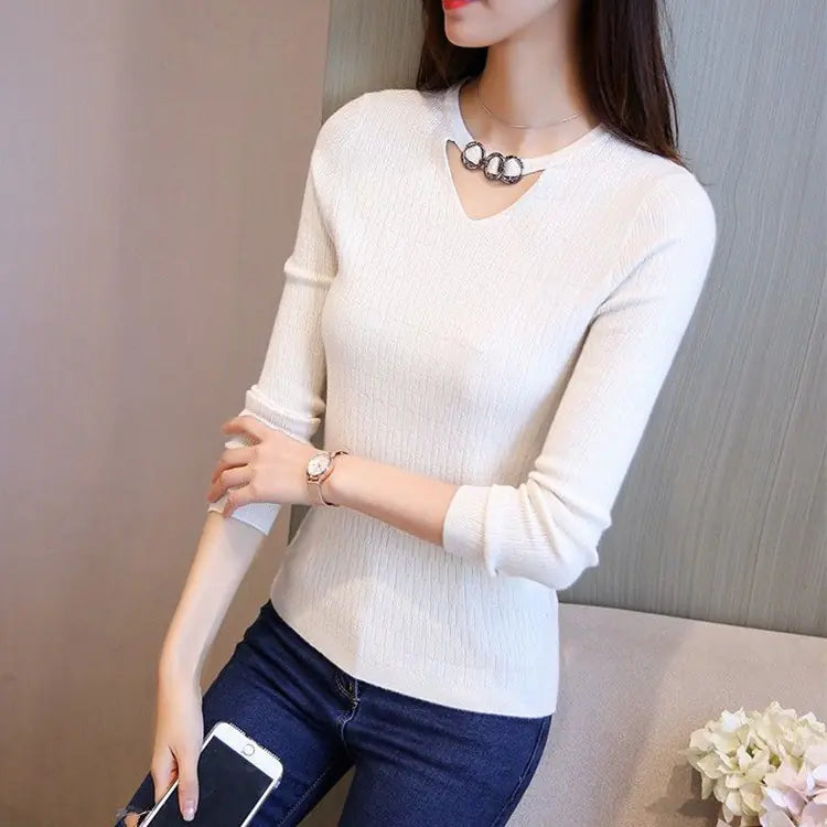2020 Fall/Winter V-Neck Fitted Long Sleeve Sweater Mimarta