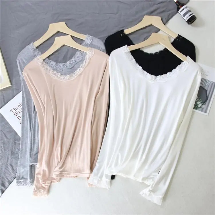 Women Lace V-neck Long-sleeved Thermal  Slim Warm Top Rieworkes