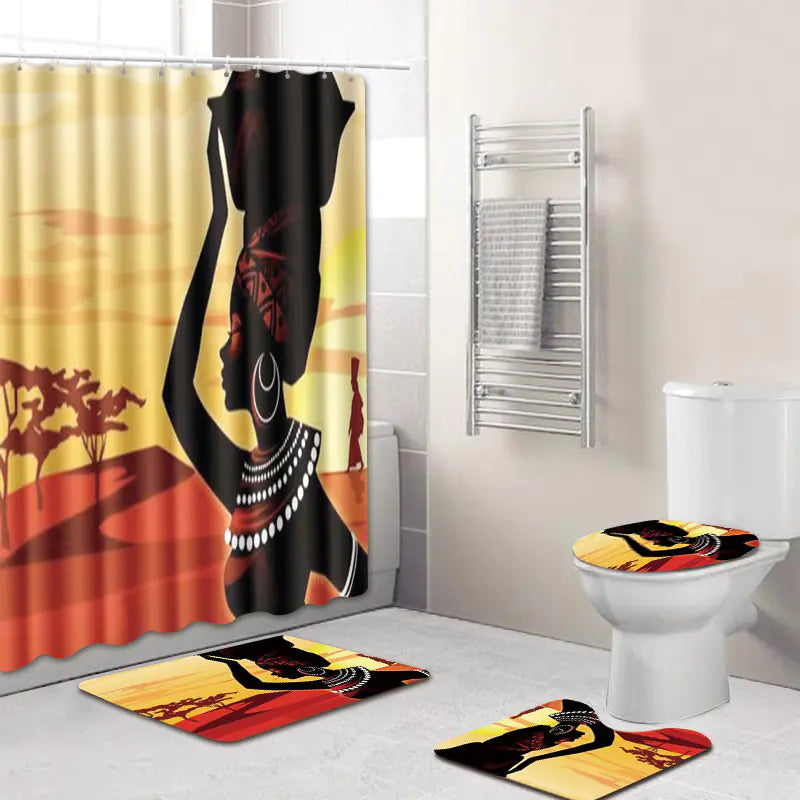 African Woman Bath Mat and Shower Curtain Set Mimarta