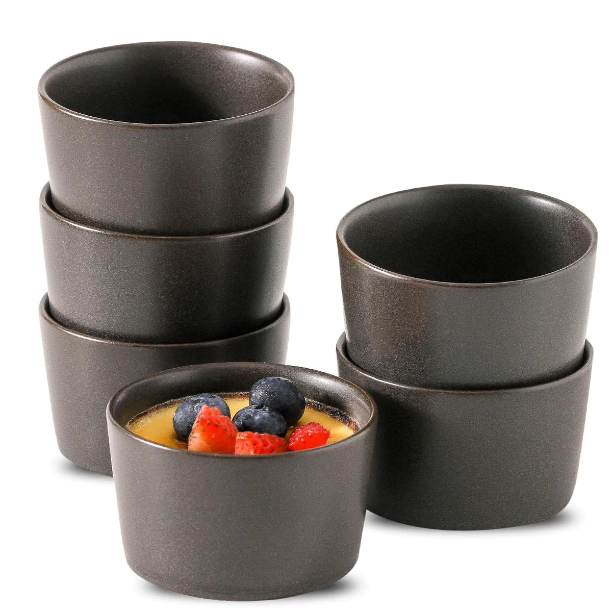 Tikooere Ramekins 4 oz Oven Safe Soufflé Dishes for Creme Brulee Souffle Pudding Ice Cream Stoneware Custard Cups for Baking Small Ceramic Bowls Set of 6 Kitchen Decor Gift Matte Black Mimarta