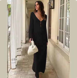 Elegant Sheer V-Neck Knitted Beach Dress – Long Sleeve Cover-Up for Summer & Fall Rieworkes
