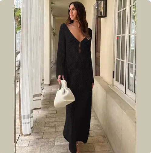 Elegant Sheer V-Neck Knitted Beach Dress – Long Sleeve Cover-Up for Summer & Fall Rieworkes