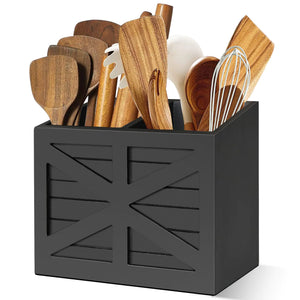Uipame Wood Utensil Holder Large Kitchen Utensil Holder for Countertop Cooking Utensil Organizer for Flatware Black Utensil Caddy with 2 Compartments Rustic Utensils Organizer for Kitchen Counter Rieworkes