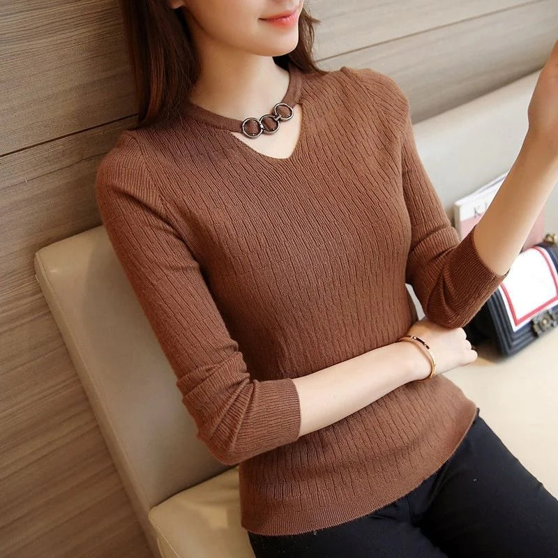 2020 Fall/Winter V-Neck Fitted Long Sleeve Sweater Mimarta