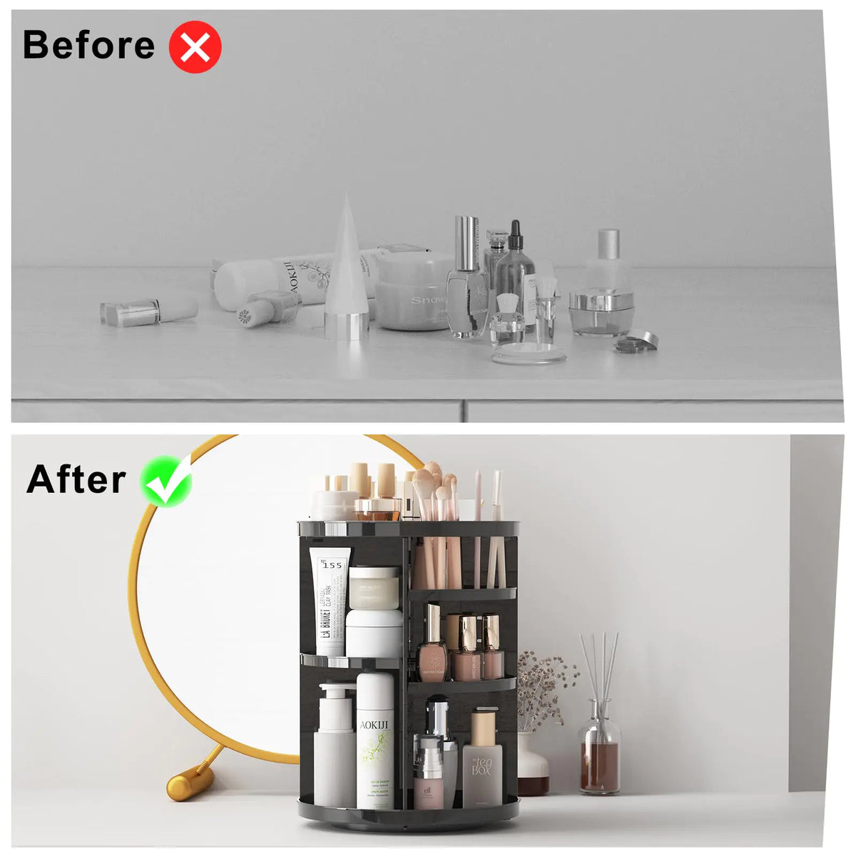 Rotating Makeup Organizer for Vanity, 360 Spinning Skincare Organizers with Adjustable Trays, Make Up Desk Storage Carousel Rack, Cosmetic Display Cases for Dresser Bathroom Countertop Black Rieworkes