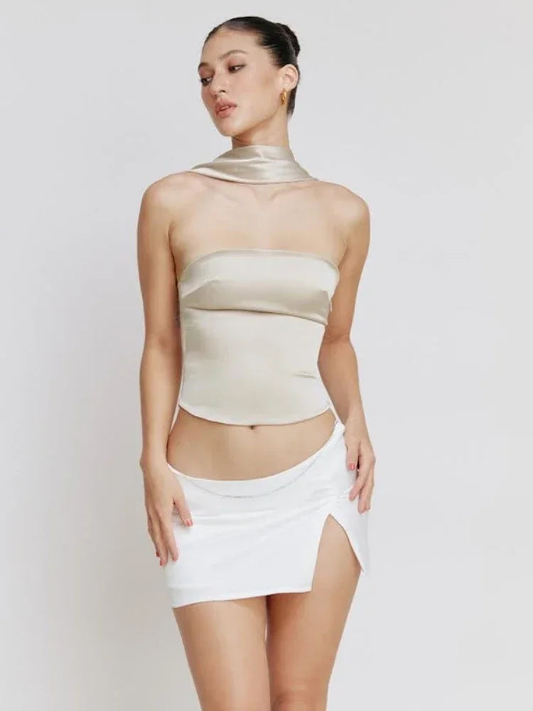 Halter Backless Satin Crop Tops Rieworkes