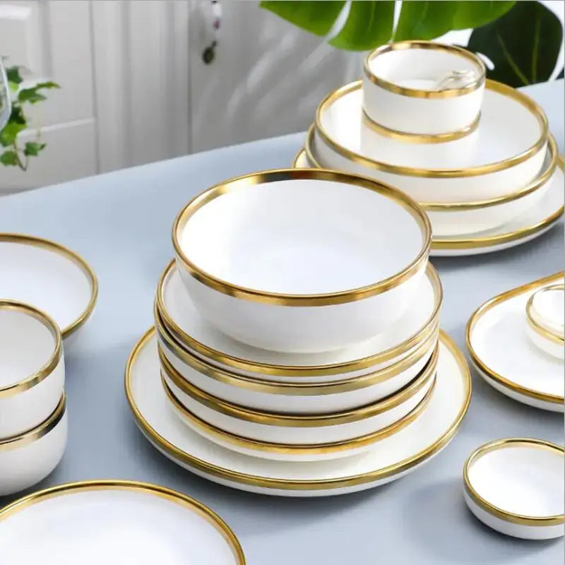 High-quality Matte Gilt Rim White Porcelain Dinner Tray Kitchen Plates Ceramic Tableware Food Dishes Rice Salad Noodles Bowl Rieworkes