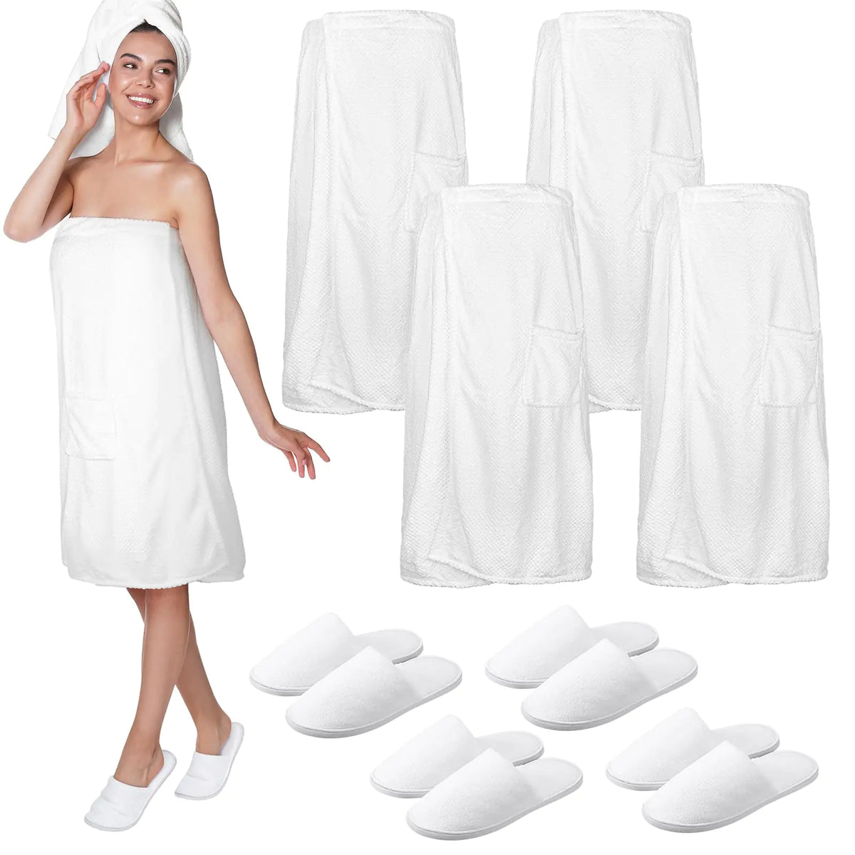 Tigeen 4 Sets Spa Robes for Women Spa Wraps Lightweight Waffle Towel Wrap with Pocket Bath Robe Wrap and Washable Hotel Slippers for Spa Gym Sauna Bath White Mimarta