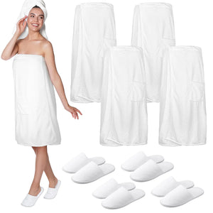 Tigeen 4 Sets Spa Robes for Women Spa Wraps Lightweight Waffle Towel Wrap with Pocket Bath Robe Wrap and Washable Hotel Slippers for Spa Gym Sauna Bath White Mimarta