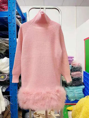 Long Sleeve Knit Panel Feather Bodycon Dress Rieworkes