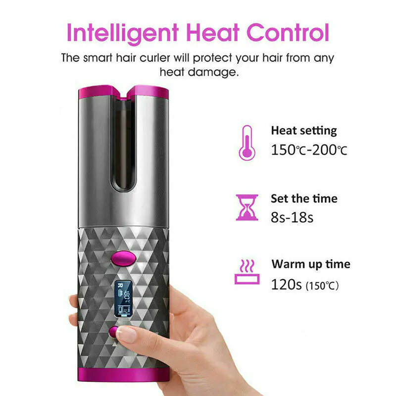 Hair Curler LCD Cordless Auto Rotating Waver Curling Iron Ceramic Wireless USA Rieworkes