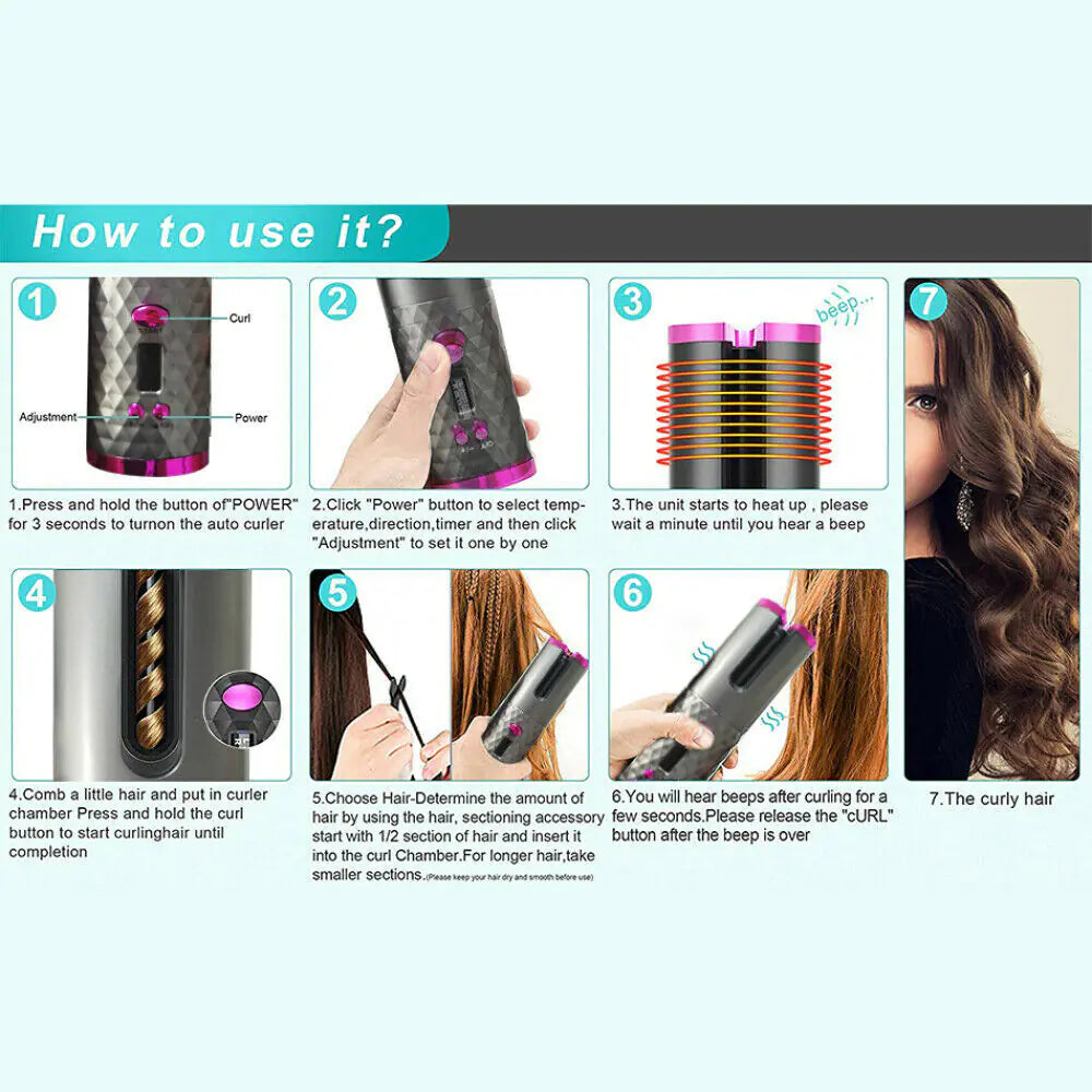 Hair Curler LCD Cordless Auto Rotating Waver Curling Iron Ceramic Wireless USA Rieworkes
