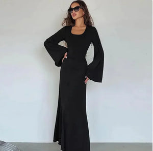Fashion U-neck Dress Back Lace-up Long Bell Sleeve Dresses Women Rieworkes