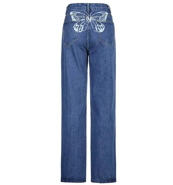 Women's High-Waisted Jeans with Butterfly Print – Trendy and Elegant Denim Rieworkes