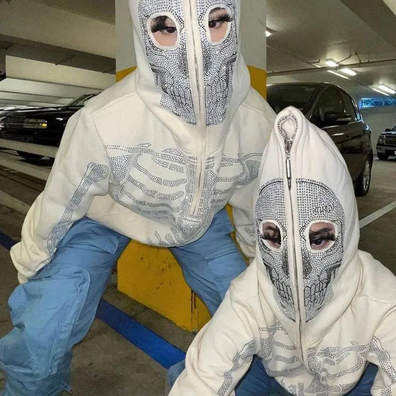 Skeleton Rhinestone Hoodie Full Zip Up Women Cyber Y2K Hooded Sweatshirts Rieworkes
