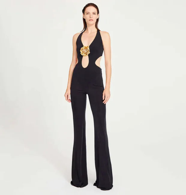 Golden Bloom Halter Backless Jumpsuit Rieworkes