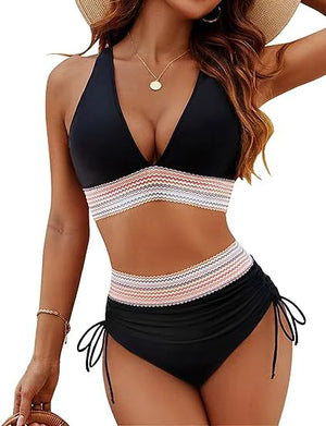 Bikini Set With Color Blocking Drawstring Swimsuit Rieworkes