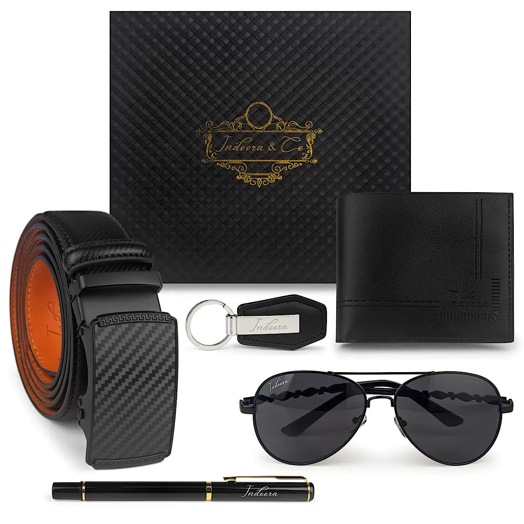 Gift Sets for Men (5 in1) Birthday Gifts for Men -Wallet Gift Set- Mens Gift Box for Men -Wallet Set for Men- Gift Baskets for Men Birthday-Mens Gift Box Set- Gift Set for Him-Retirement (BLACK) Rieworkes