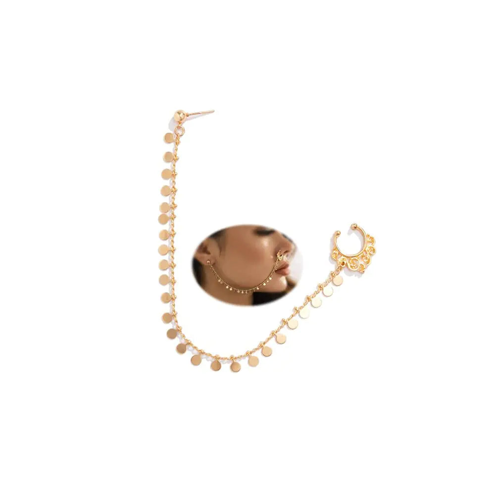 Kenjudess Punk Nose to Ear Chain Non Piercing Fake Septum Rings Indian Belly Dance Nose Nail Ring Hoops for Women Teens Girls (Gold disc) Mimarta