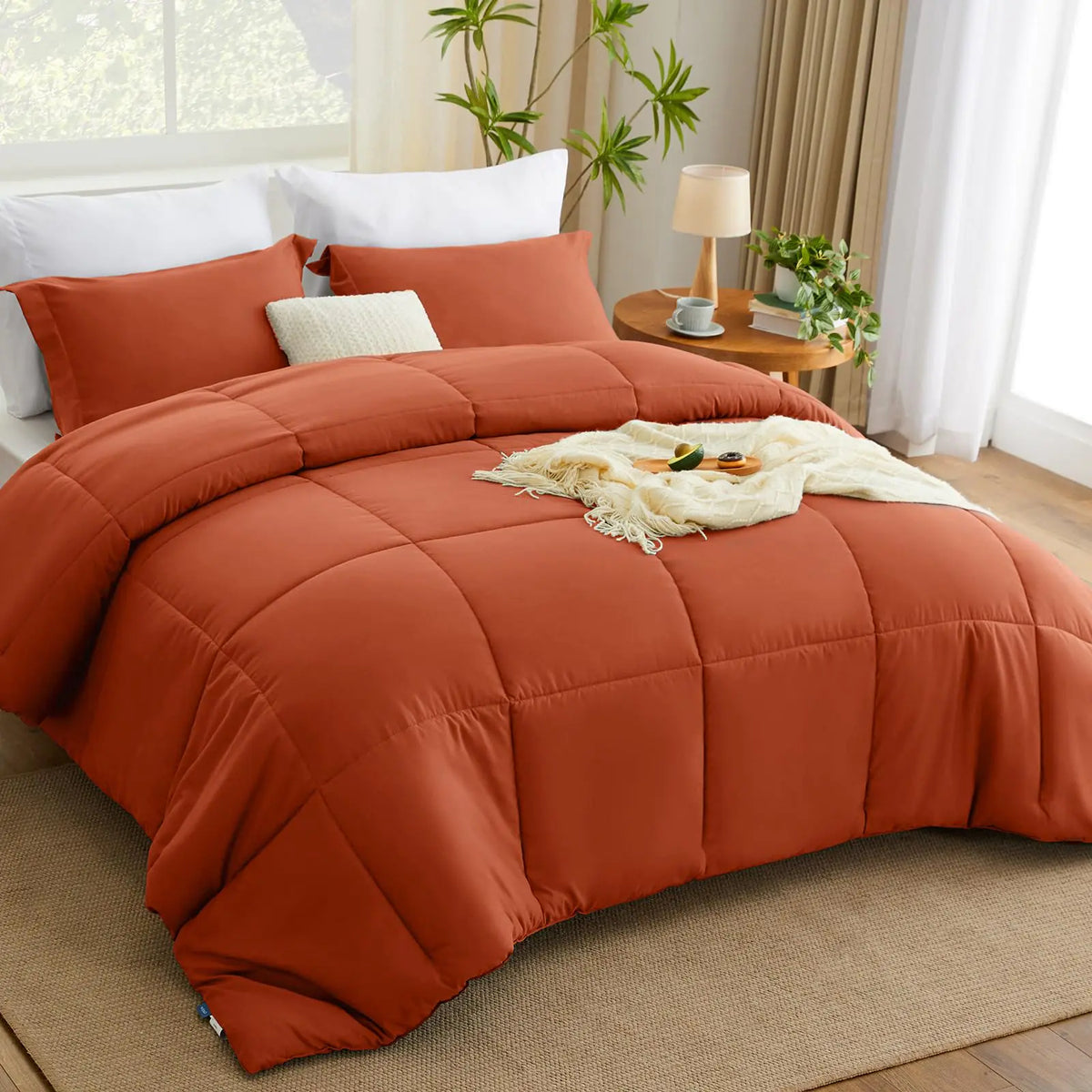 CozyLux King Size Comforter Sets - Terracotta Comforter King Size 3 Pieces Burnt Orange Box Stitched Bed Set for All Seasons Soft Bedding Sets with 1 Down Alternative Comforter and 2 Pillow Shams Rieworkes
