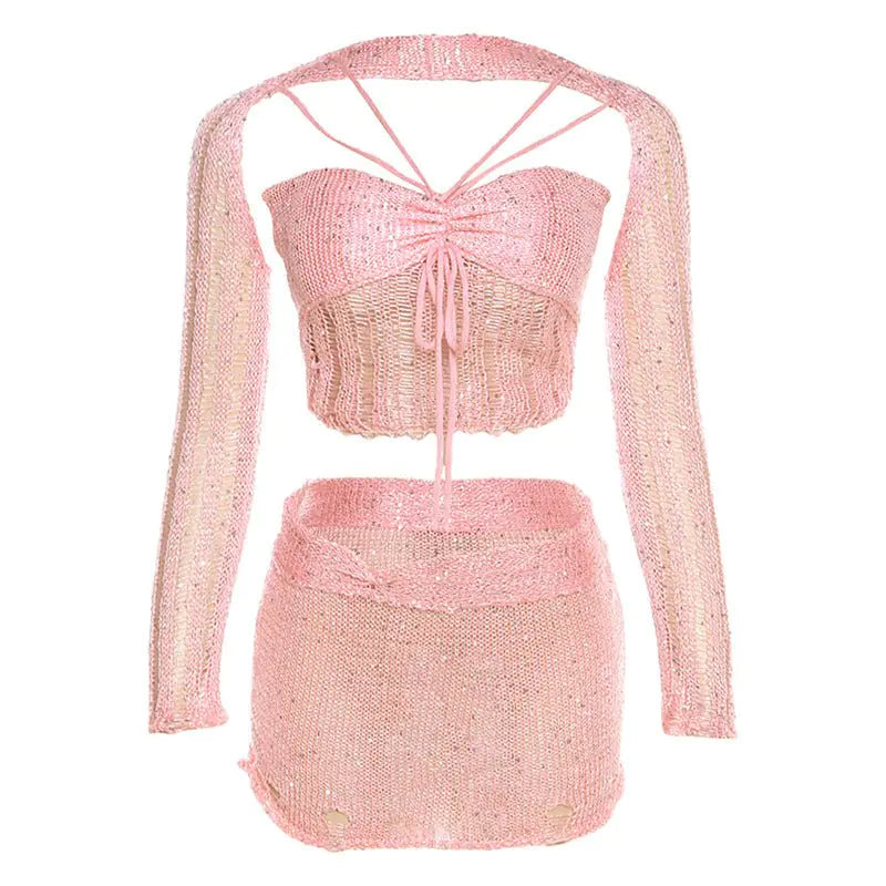 Sweet Like Sugar Distressed Crochet Mini Skirt Set Rieworkes