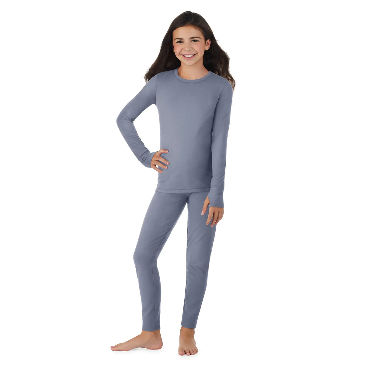 Cuddl Duds Girls Cold Weather Fleece-Lined Thermal Underwear 2-Piece Set - Kids Long Sleeve Top and Leggings Long Johns - Dusty Blue - Small Mimarta
