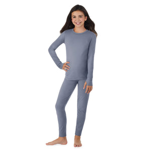 Cuddl Duds Girls Cold Weather Fleece-Lined Thermal Underwear 2-Piece Set - Kids Long Sleeve Top and Leggings Long Johns - Dusty Blue - Small Mimarta