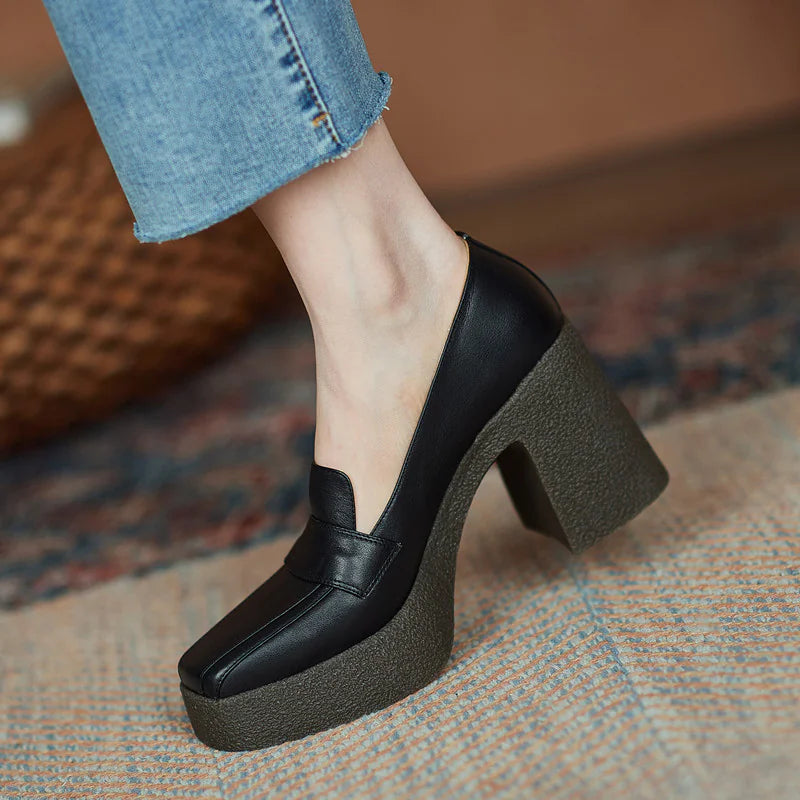 Women's Leather Retro Thick Sole Square Toe Shoes Rieworkes