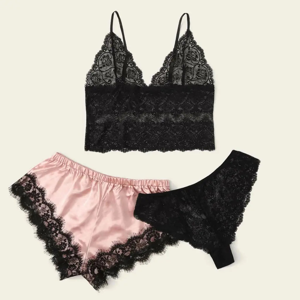 Women's 3-Piece Lace Pajama Set with Shorts and Top Mimarta