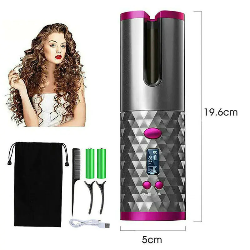 Hair Curler LCD Cordless Auto Rotating Waver Curling Iron Ceramic Wireless USA Rieworkes