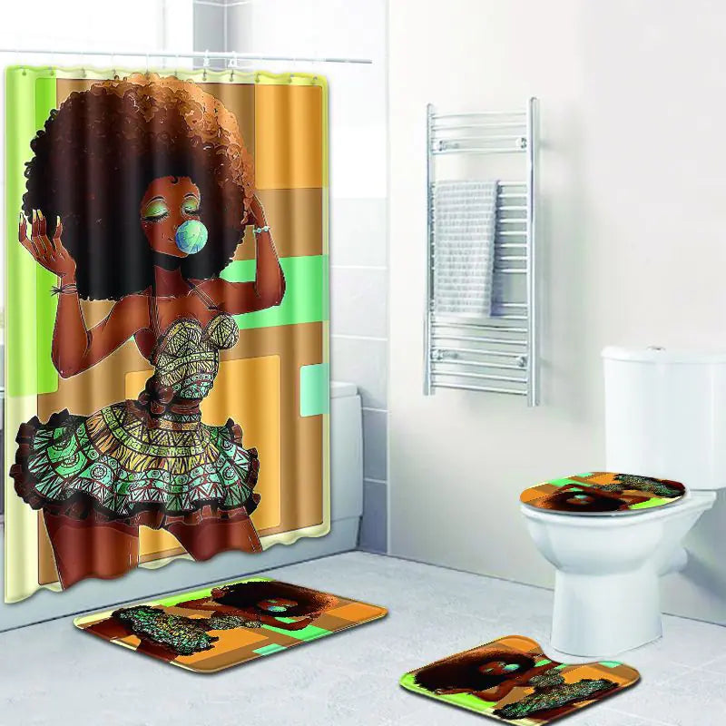 African Woman Bath Mat and Shower Curtain Set Mimarta