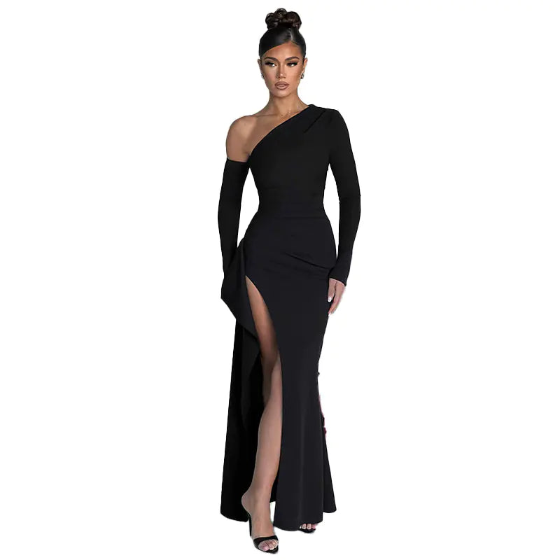 Slant Off-Shoulder High-Slit Evening Dress Rieworkes