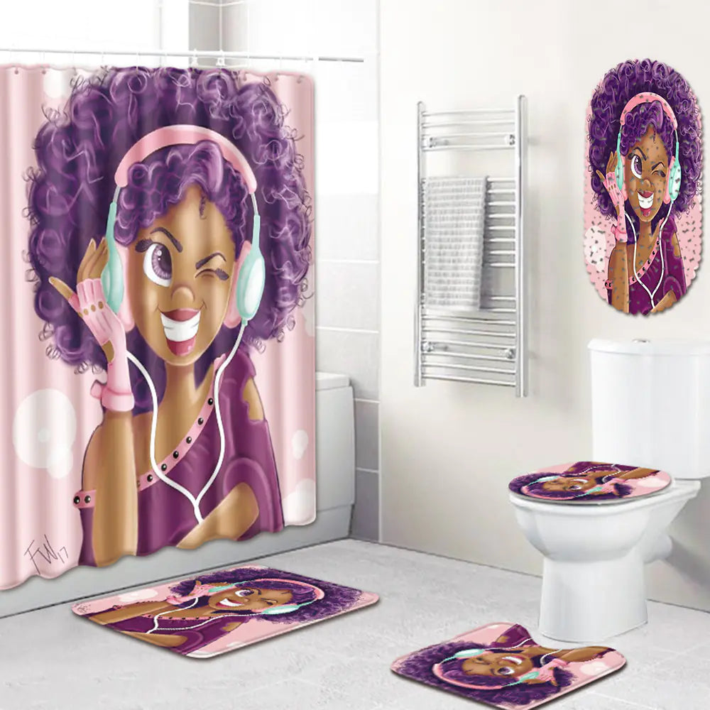 African Woman Bathroom Set with Shower Curtain and Mats Mimarta