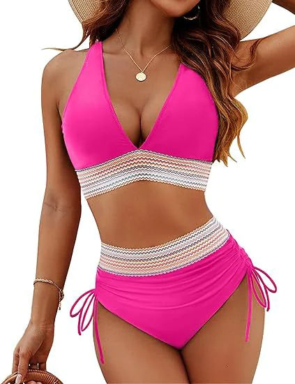 Bikini Set With Color Blocking Drawstring Swimsuit Rieworkes
