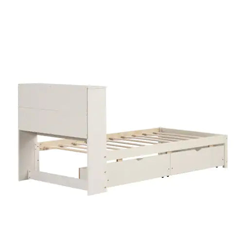 Modern Twin Size Bed Frame With Built-in USB Port On Bookcase Headboard And 2 Drawers For White Washed Color Rieworkes