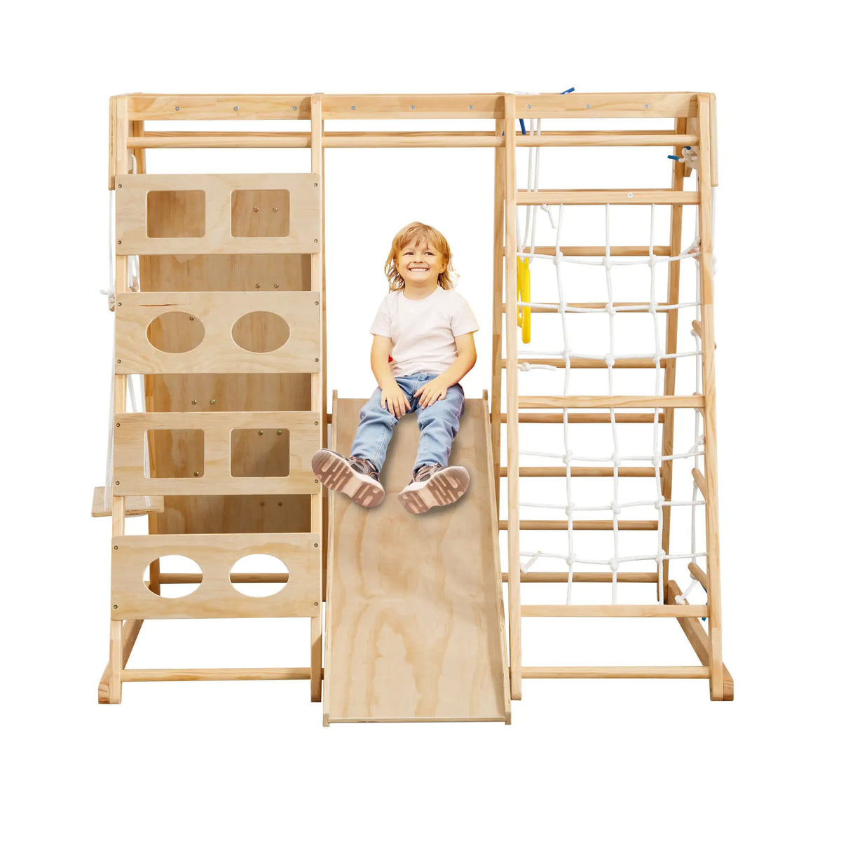 Toddler Indoor Wooden Gym 8-in-1 Indoor Playground Climbing Playset Rieworkes