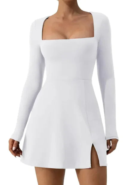 Women's Square Collar Corset Long Sleeve Slit Flared Rieworkes
