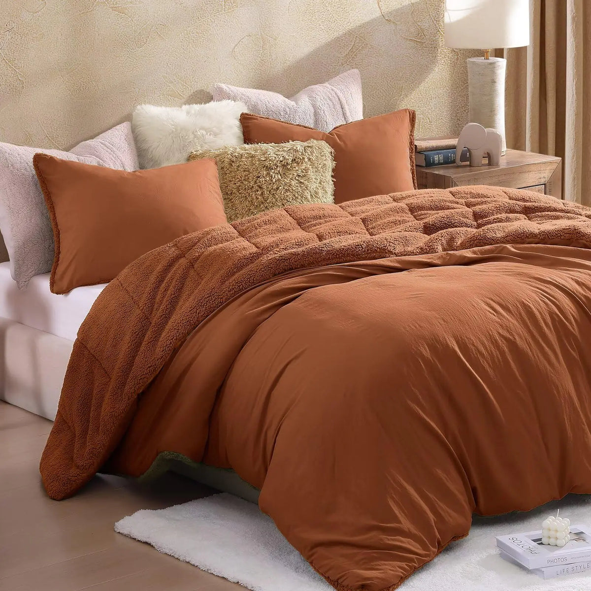 WRENSONGE King Size Comforter Set Burnt Orange Ultra Soft Fuzzy Sherpa Fleece Comforter 3 Pieces Backing Reversible Washed Comforter King Size Plush Sherpa Comforter King for Winter Autumn Rieworkes