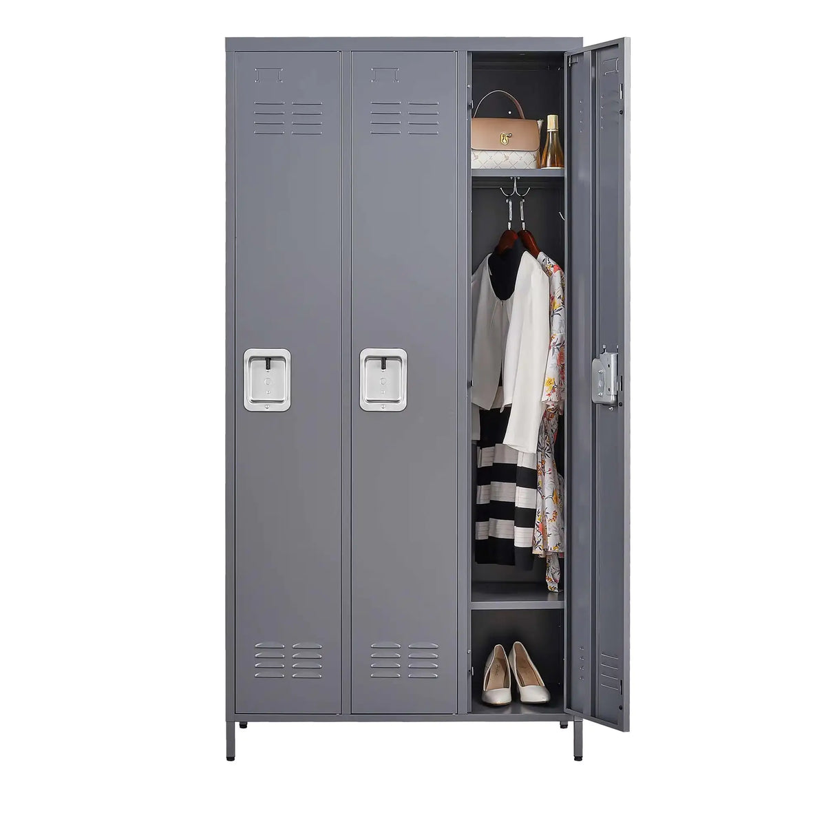 3 Employee Metal Lockers With 72 Inch High Locks, Home Gym Office, School Garage Lockers, Gray Rieworkes