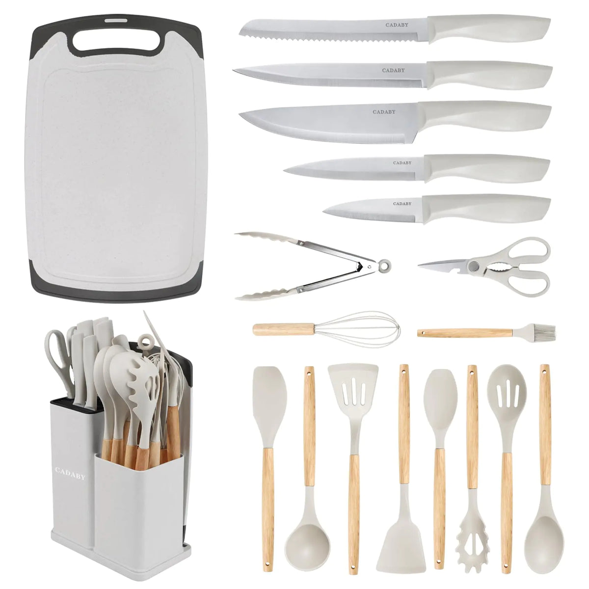 CADABY 19PCS Kitchen Knife Set with Block Professional 5 PCS High Carbon Stainless Steel Cooking Knives Set Knife Block Set with 11 PCS Silicone Kitchen Utensils Set Convenient White Rieworkes