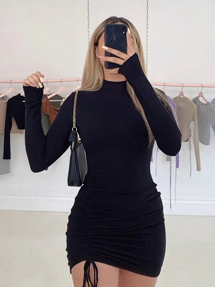 Black Turtleneck Ruched Bodycon Mini Dress for Women Mimarta