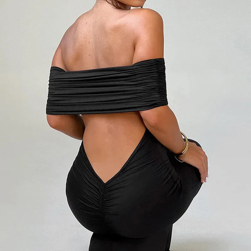 Socialite Style Elegant Sexy Backless Off-shoulder Dress Women Rieworkes